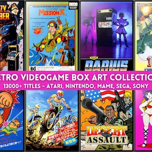 Peut inclure: Collection d'illustrations de boîtes de jeux vidéo rétro, avec des titres comme Crazy Climber, Mission X, Darius et 1941. L'image affiche le texte "Retro Videogame Box Art Collection" et mentionne Atari, Nintendo et Sega.