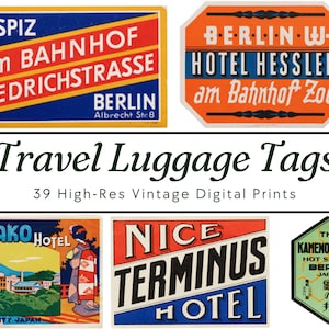 Impresiones de etiquetas de equipaje de hotel vintage: recuerdos de viajes globales (descarga digital)