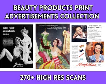 Vintage Beauty Ads Digital Download Bundle, 270+ Retro Fashion Prints JPG, Junk Journal Ephemera Kit, Mid Century Clip Art
