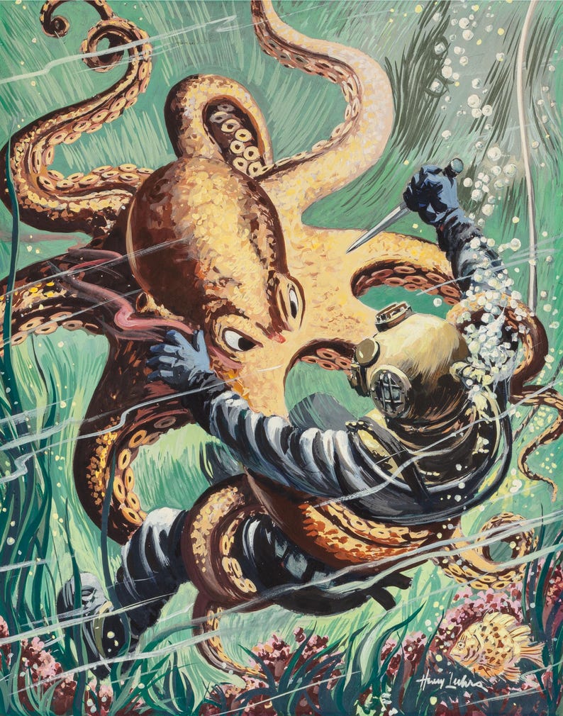 Op de afbeelding: Vintage illustratie van een duiker in een duikpak die onder water vecht met een grote octopus. De octopus is bruin en beige, met de duiker die een mes vasthoudt. De achtergrond is groen met bellen en waterplanten.