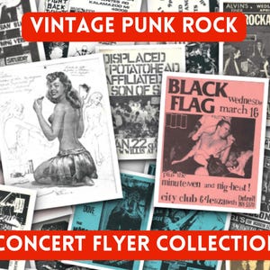 Puede incluir: Una colección de folletos de conciertos vintage para bandas de punk rock, incluyendo Black Flag, The Minutemen y The Displaced Potatoheads. Los folletos están impresos en papel de varios colores y presentan ilustraciones y texto en blanco y negro.