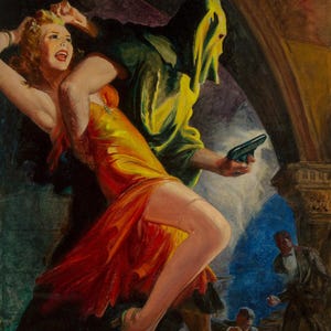 Op de afbeelding: Vintage illustratie van een dramatische sc&egrave;ne. Een vrouw in een gele en rode jurk wordt lastiggevallen door een figuur met een groene kap, die een pistool vasthoudt. Andere figuren zijn op de achtergrond, in een zwak verlichte, architecturale omgeving.