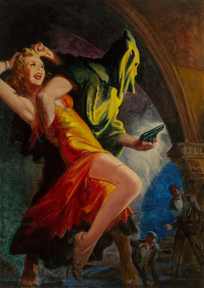 Op de afbeelding: Vintage illustratie van een dramatische sc&egrave;ne. Een vrouw in een gele en rode jurk wordt lastiggevallen door een figuur met een groene kap, die een pistool vasthoudt. Andere figuren zijn op de achtergrond, in een zwak verlichte, architecturale omgeving.