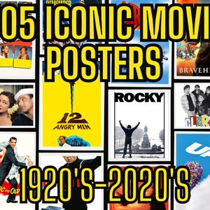 Puede incluir: Un collage de carteles de películas de la década de 1920 a la de 2020. Los carteles presentan películas icónicas como "12 Angry Men", "Rocky", "Braveheart", "Clerks" y "Up". El texto "505 Iconic Movie Posters" se muestra en la parte superior del collage.