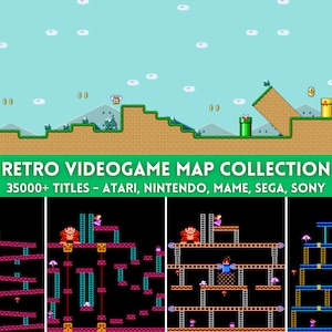 Puede incluir: Una colección de mapas de videojuegos retro con un diseño pixelado. La imagen presenta una pancarta verde con el texto "RETRO VIDEOGAME MAP COLLECTION" y "35000+ TITLES - ATARI, NINTENDO, MAME, SEGA, SONY". La parte superior muestra un nivel con nubes y colinas.