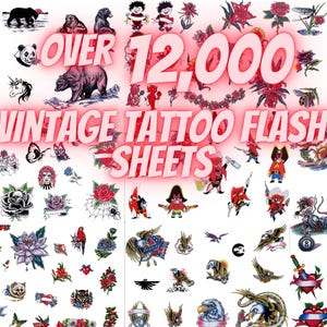 Oltre 12.000 fogli di tatuaggi classici / Collezione di disegni per tatuaggi / Molti artisti, studi e stili / Download digitale / Risorse per artisti