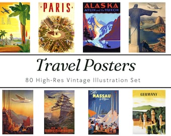 May include: A set of eight vintage travel posters featuring destinations like Paris, Alaska, Germany, and Nassau. The posters are in a retro style with bold colors and illustrations.