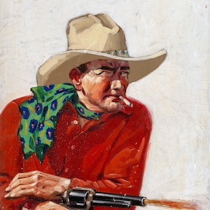 Op de afbeelding: Olieverfschilderij van een cowboy in een rood overhemd en cowboyhoed, die een sigaret rookt. De cowboy houdt een revolver vast, met een vlam uit de loop. Een groene sjaal met blauwe bloempatronen zit om de nek van de cowboy.