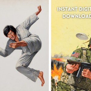 Op de afbeelding: Vintage illustratie van een vechtkunstenaar in een grijs uniform die een dynamische trap uitvoert. Het kunstwerk is in klassieke stijl, met de figuur in de lucht tegen een effen achtergrond. De afbeelding bevat ook een soldaat met een geweer en de tekst "INSTANT DIGITAL DOWNLOAD".