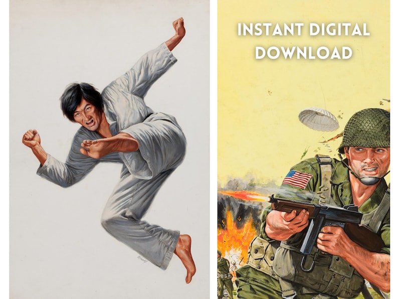 Op de afbeelding: Vintage illustratie van een vechtkunstenaar in een grijs uniform die een dynamische trap uitvoert. Het kunstwerk is in klassieke stijl, met de figuur in de lucht tegen een effen achtergrond. De afbeelding bevat ook een soldaat met een geweer en de tekst "INSTANT DIGITAL DOWNLOAD".