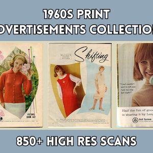 May include: Collection of vintage 1960s print advertisements. The ads feature women in stylish clothing, including a red cardigan, a red dress, and a beige dress. One ad promotes Long Distance phone calls. The text reads "850+ HIGH RES SCANS."