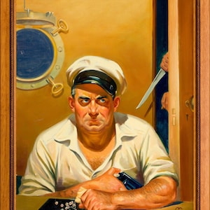 Op de afbeelding: Olieverfschilderij van een man met een witte matrozenmuts en overhemd, die de kijker streng aankijkt. Een patrijspoort en een hand met een mes zijn op de achtergrond te zien. De man houdt een pistool en een doek vast.