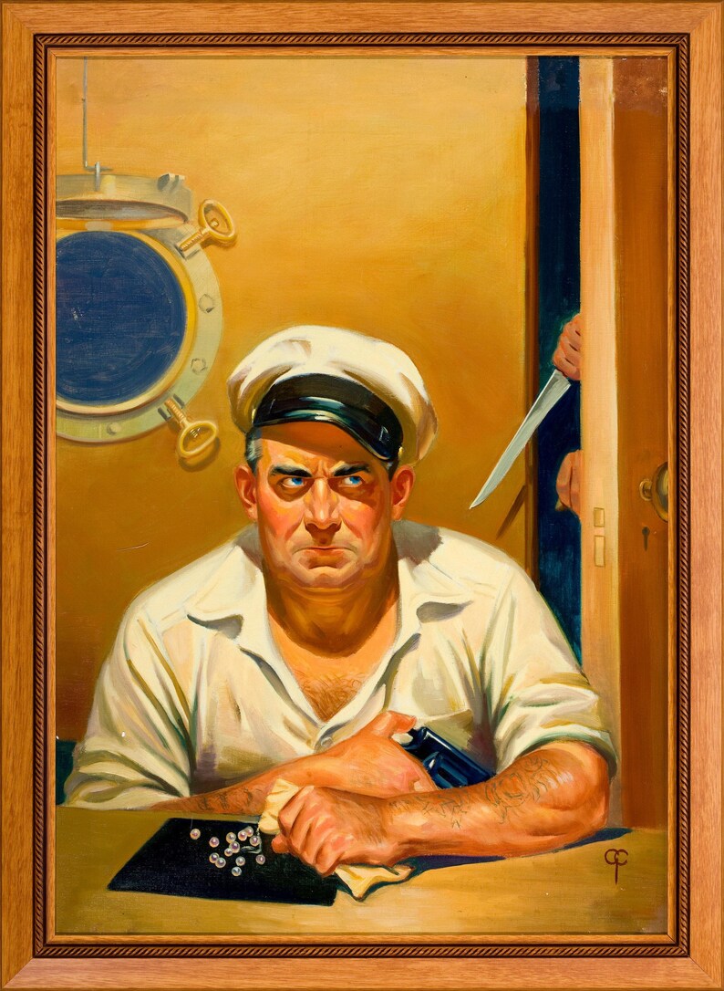 Op de afbeelding: Olieverfschilderij van een man met een witte matrozenmuts en overhemd, die de kijker streng aankijkt. Een patrijspoort en een hand met een mes zijn op de achtergrond te zien. De man houdt een pistool en een doek vast.