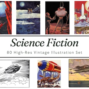 May include: A collection of vintage science fiction illustrations featuring spaceships, futuristic cities, and alien creatures. The illustrations are in black and white and color, and they are all high-resolution. The text "Science Fiction 80 High-Res Vintage Illustration Set" is displayed at the bottom of the image.