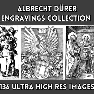 Pode incluir: Uma coleção de gravuras de Albrecht Dürer, apresentando três ilustrações detalhadas em preto e branco. As imagens incluem querubins, um brasão com uma águia e uma cena religiosa. O texto diz "ALBRECHT DÜRER ENGRAVINGS COLLECTION" e "136 ULTRA HIGH RES IMAGES."