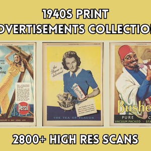Op de afbeelding: Collectie vintage printadvertenties uit de jaren 1940. De advertenties tonen kleurrijke illustraties en tekst die producten zoals Persil wasmiddel en Bushell's koffie promoten. De collectie bevat meer dan 2800 scans met hoge resolutie.