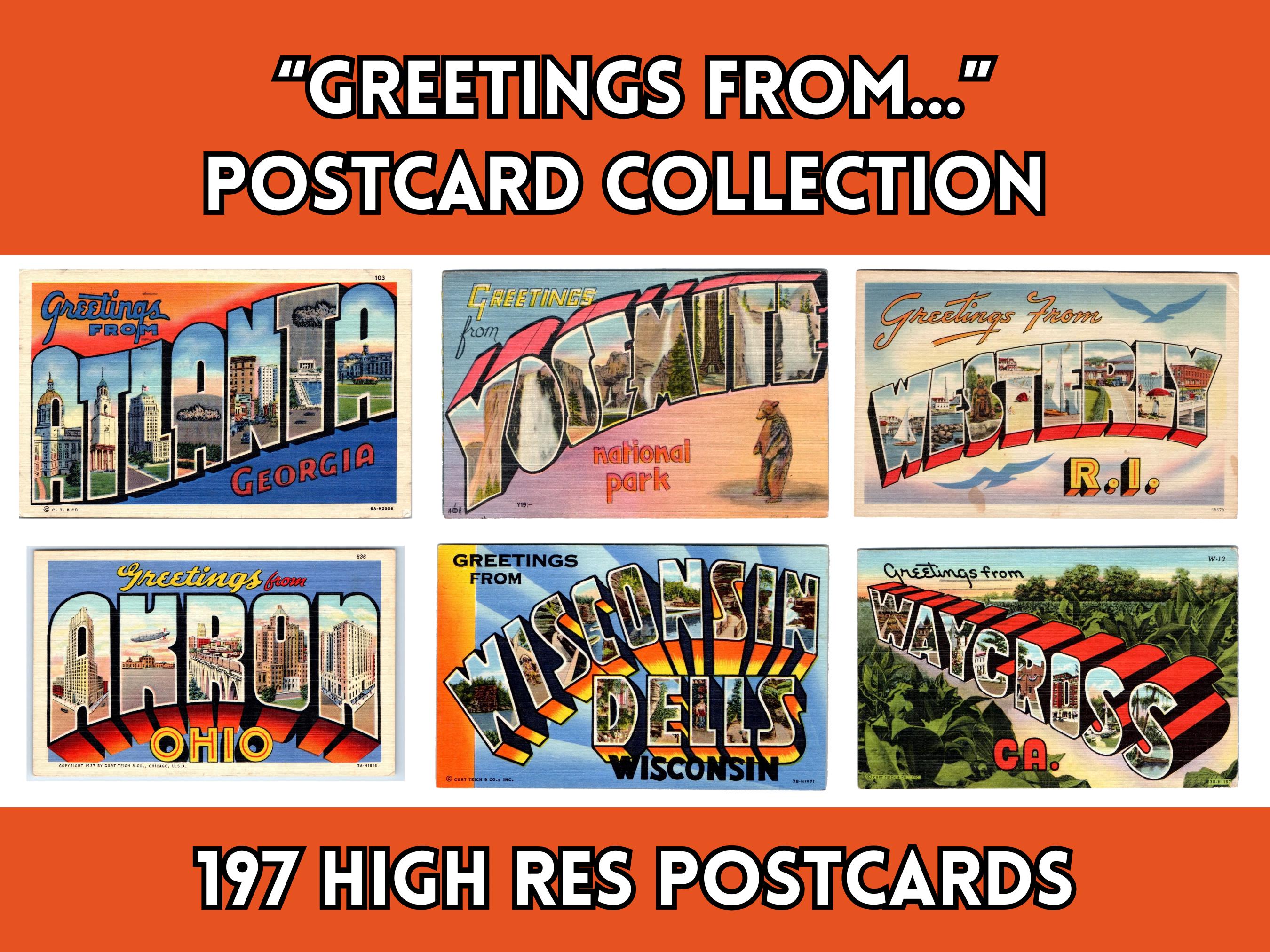 Vintage "Greetings From..." Postcard Bundle: Retro Americana Ephemera (Digital JPGs)