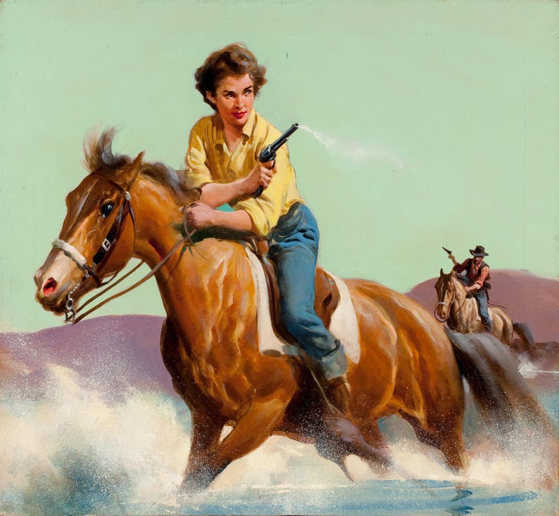Op de afbeelding: Illustratie van een vrouw op een bruin paard, die een pistool vasthoudt dat water spuit. Ze draagt een geel overhemd en een blauwe spijkerbroek. Een andere persoon op een paard is op de achtergrond. De sc&egrave;ne speelt zich af in een westernlandschap.