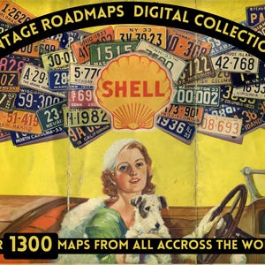 Può includere: Raccolta digitale vintage di mappe stradali con targhe, una donna e un cane in un'auto. L'immagine include il testo "Vintage Roadmaps Digital Collection" e "Over 1300 Maps From All Across The World!"