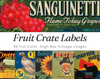 Op de afbeelding: Een verzameling vintage fruitkistlabels. Het bovenste label toont rode druiven en de tekst "Sanguinetti Flame Tokay Grapes". Hieronder staat "Fruit Crate Labels" en "92 Full Color, High-Res Vintage Images."