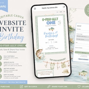 May include: A digital invitation for a first birthday party, displayed on a smartphone. The invitation features a fishing theme with the text "O-FISH-ALLY ONE!" and details for the event. A matching RSVP card is also shown.