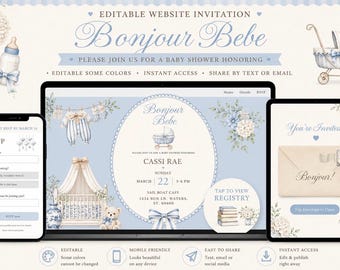 フランス語、Bonjour Bebe ベビーシャワーウェブサイト招待状 | モダンなCanvaテンプレート（デジタルダウンロード）RSVP機能付き
