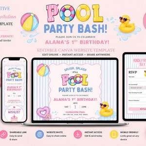 May include: An interactive digital birthday invitation website template for a pool party, displayed on a laptop and smartphone screen. The design features a light blue striped background, a yellow rubber duck, and a colorful beach ball graphic.