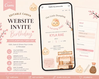 小さな餃子の女の子の誕生日ウェブサイト招待状｜モダンなCanvaテンプレート（デジタルダウンロード）出欠確認機能付き