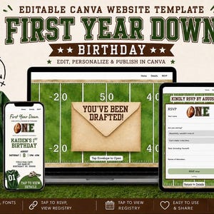以下が含まれることがあります： フットボールをテーマにした1歳の誕生日用Canvaウェブサイトテンプレート。緑のフィールドの背景、You've Been Draftedと書かれた茶色の封筒のグラフィック、モバイルおよびタブレット用の表示画面が含まれています。
