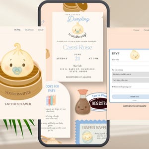 May include: A mobile phone displays baby shower invitation designs. The main invitation features a dumpling character and the text "Our Little Dumpling is on the way!" Other screens show RSVP details and a diaper raffle.