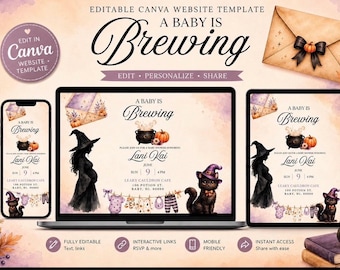 May include: An editable Canva website template for a baby shower featuring the text A Baby Is Brewing. The design includes a silhouette of a pregnant person in a witch hat, a black cauldron, a pumpkin, and a black cat wearing a purple witch hat.