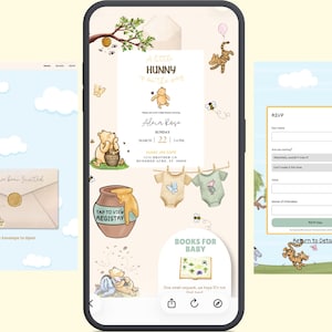 May include: A smartphone screen shows a baby shower invitation featuring Winnie the Pooh characters. The design includes the text "A Little Hunny" and RSVP information. Other elements are an envelope, a registry link, and a request for books for the baby.