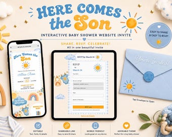 息子がやってくる！男の子のベビーシャワーのウェブサイト招待状｜モダンなCanvaテンプレート（デジタルダウンロード）出欠確認機能付き