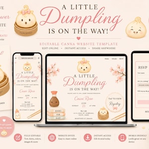 May include: An interactive baby shower website invitation template featuring a dumpling theme. The design includes a central dumpling character, pink cherry blossom accents, and editable text fields for event details, RSVP forms, and registry links, all displayed on a laptop, tablet, and mobile phone screen.
