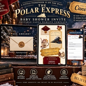 May include: A digital baby shower invitation template featuring a Polar Express theme. The design includes a train illustration, a hot cocoa mug, and a wax-sealed envelope. Text includes 'The Polar Express', 'All Aboard', and 'A Little Passenger Is On The Way' displayed on a laptop, tablet, and smartphone screen.