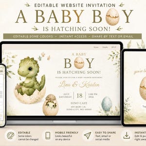 Puede incluir: Un conjunto de invitaciones digitales editables para baby shower con un dinosaurio verde saliendo de un huevo. El diseño incluye el texto A BABY BOY IS HATCHING SOON, mostrado en una laptop, un smartphone y una tablet con detalles de follaje.
