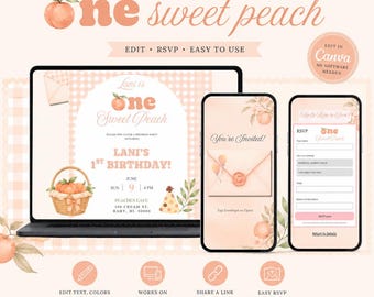 ONE Sweet Peach バースデーウェブサイト招待状 | モダンなCanvaテンプレート（デジタルダウンロード）RSVPレジストリ