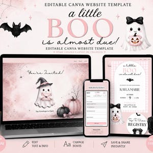 Może przedstawiać: Edytowalny szablon strony internetowej Canva na baby shower z motywem Halloween w kolorze różowym i czarnym. Projekt zawiera ilustracje duchów, nietoperzy i dyń oraz tekst A little BOO is almost due i You're Invited.
