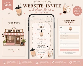 ボバカフェのベビーシャワーウェブサイト招待状｜モダンなCanvaテンプレート（デジタルダウンロード）RSVPレジストリ