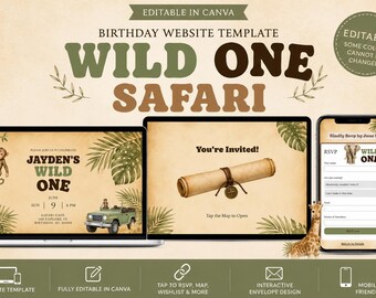 Wild ONE Safari Birthday Website Invitation | Modern Canva Template (Digital Download) RSVP feature
