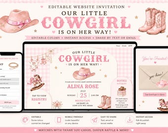リトル・カウガール・オン・ザ・ウェイ ベビーシャワー ウェブサイト招待状 | モダンなCanvaテンプレート（デジタルダウンロード）RSVPレジストリ