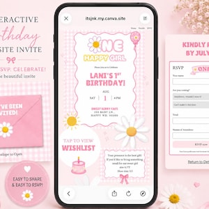 ONE Happy Girl Birthday Website Invitation | Modern Canva Template (Digital Download) RSVP feature