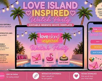 Island Villa Watch Party Website Invitation | Interactive | Modern Canva Template (Digital Download) RSVP feature