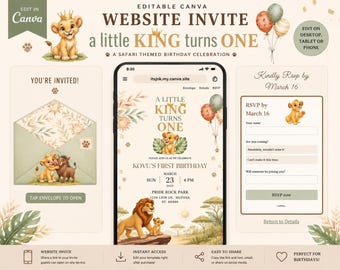リトルキングの1歳の誕生日ウェブサイト招待状｜モダンなCanvaテンプレート（デジタルダウンロード）出欠確認機能付き
