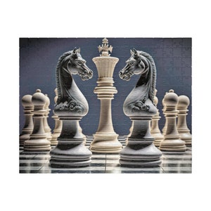 May include: A chessboard with white pieces, including two knights facing each other, and a white queen in the center.