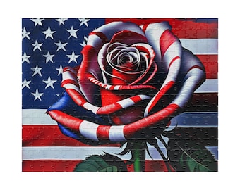 American Flag Jigsaw Puzzle - Red White & Blue Painted Rose Gift - USA Patriotic Lovers Puzzles - Choose 110, 252, 500 or 1014 Piece Pieces