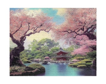 Japanese Riverside Jigsaw Puzzle - Sakura Trees Landscape Puzzles - Cherry Blossoms Scenery View Choose 110, 252, 500 or 1014 Piece Pieces