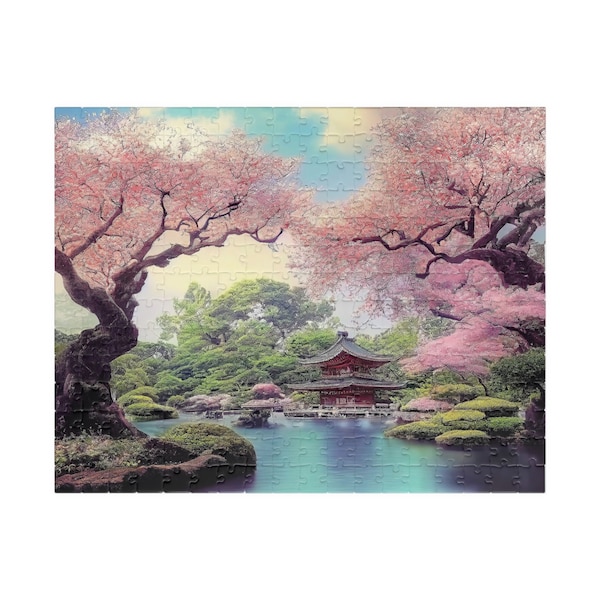 Japanese Riverside Jigsaw Puzzle - Sakura Trees Landscape Puzzles - Cherry Blossoms Scenery View Choose 110, 252, 500 or 1014 Piece Pieces