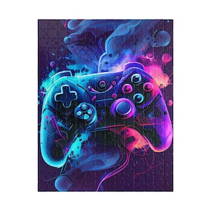 May include: A jigsaw puzzle featuring a stylized, neon-colored video game controller. The controller is predominantly blue and purple, with accents of pink and orange. The design has a futuristic, digital art style, with abstract shapes and glowing effects.