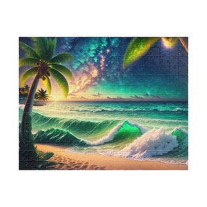 May include: A digital painting of a tropical beach scene with palm trees, turquoise water, and a starry sky. The waves are crashing on the shore, creating a sense of peace and tranquility.